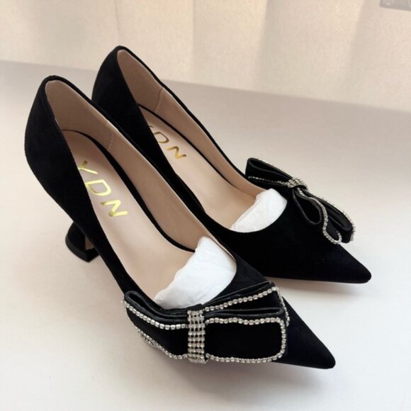 Size 6 YDN Women Pointed Toe Slip on Diamond Pump Special Kitten High Heel Black - Picture 3 of 12